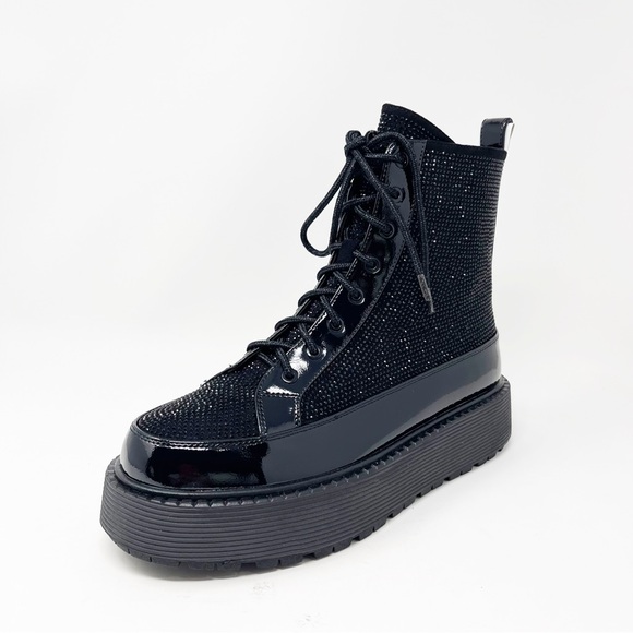 NWT Azura Livewire Patent Black Rhinestone Platform Bootie Combat Moto Size 9 - Picture 8 of 15